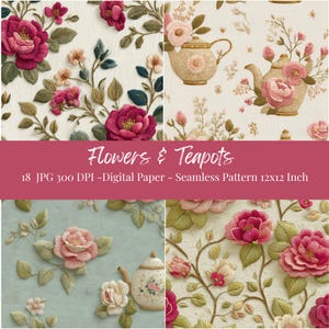 Digitalt papperspaket med blommiga tekannor, sömlösa blommönster för scrapbooking, skräpjournal, vintagebroderiestetik