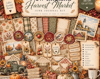 May include: A New England Harvest Market junk journal kit featuring autumn-themed papers, tags, and ephemera. Includes illustrations of a lighthouse, a farm truck, pumpkins, sunflowers, and text like Farm Fresh, Autumn Vibes, and Good Books.