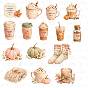 Puede incluir: Una colecci&oacute;n de ilustraciones en acuarela con motivos oto&ntilde;ales que incluye tazas de pumpkin spice latte con nata montada, vasos de caf&eacute;, un tarro de especias de calabaza, calabazas, calcetines de punto estampados, una manta doblada y una vela.