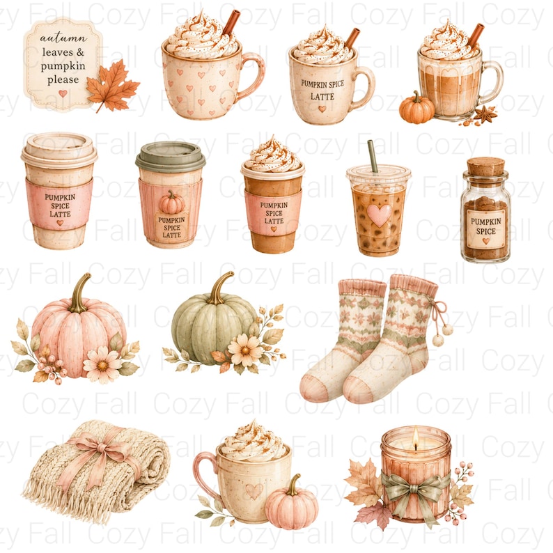 Puede incluir: Una colecci&oacute;n de ilustraciones en acuarela con motivos oto&ntilde;ales que incluye tazas de pumpkin spice latte con nata montada, vasos de caf&eacute;, un tarro de especias de calabaza, calabazas, calcetines de punto estampados, una manta doblada y una vela.
