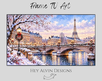 May include: Digital Frame TV art featuring a snowy Parisian scene with the Eiffel Tower, a stone bridge decorated with Christmas wreaths, and glowing street lamps over the Seine river. Text reads Frame TV Art and HEY ALVIN DESIGNS.
