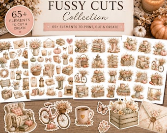 May include: A collection of printable paper ephemera featuring fall-themed illustrations including pumpkins, bicycles, cozy armchairs, mugs, and floral arrangements. The set includes over 65 elements for crafting, presented on sheets with a soft, warm color palette.