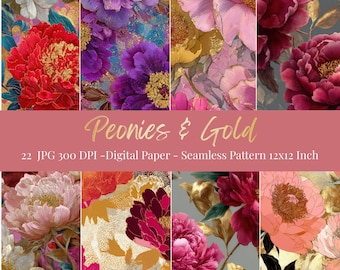 May include: A collection of digital papers featuring vibrant peony floral designs with gold accents. The color palette includes shades of red, pink, purple, and white. The text "Peonies & Gold" is displayed, along with details about the digital paper size.