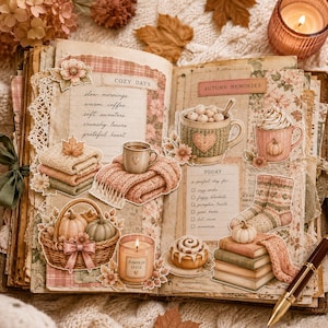 Puede incluir: Una p&aacute;gina de &aacute;lbum de recortes abierta con recortes de papel de tem&aacute;tica oto&ntilde;al que incluyen una cesta de calabazas, una taza de chocolate caliente, una pila de libros, un rollo de canela, una vela Pumpkin Spice y listas manuscritas.