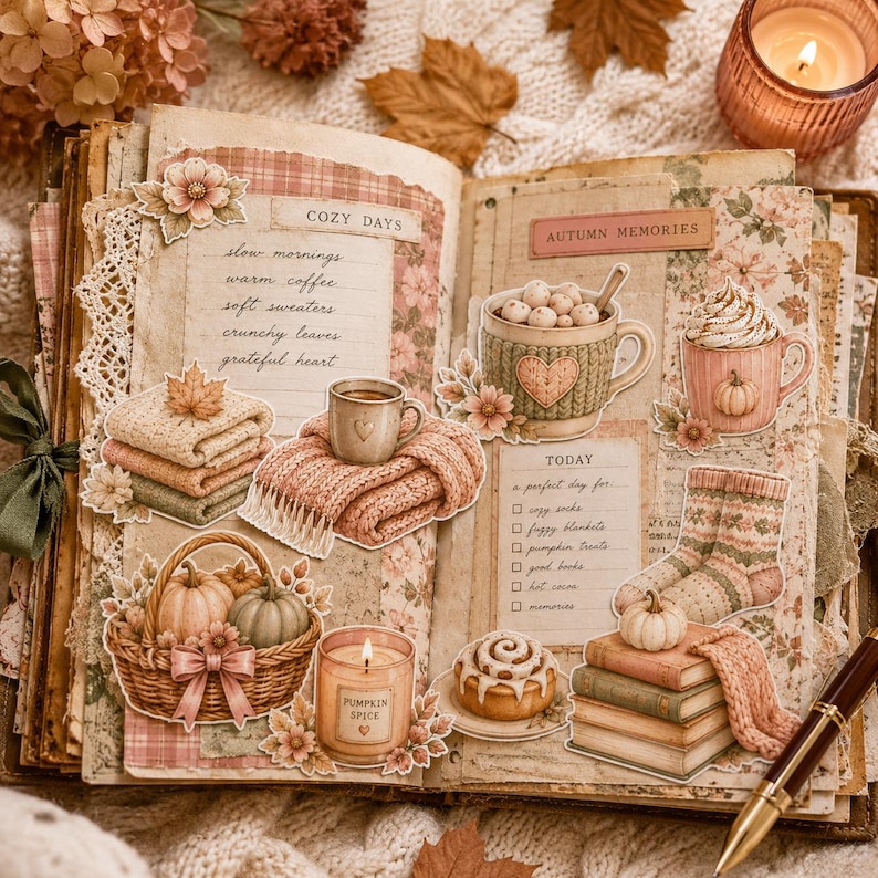 Puede incluir: Una p&aacute;gina de &aacute;lbum de recortes abierta con recortes de papel de tem&aacute;tica oto&ntilde;al que incluyen una cesta de calabazas, una taza de chocolate caliente, una pila de libros, un rollo de canela, una vela Pumpkin Spice y listas manuscritas.
