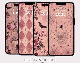 May include: Four smartphones displaying digital wallpaper designs in shades of dusty pink and dark brown. The patterns feature pumpkins, roses, bats, diamonds, stars, moons, and spiderwebs. The text Hey Alvin Designs appears below the phones.