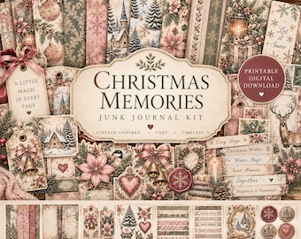 Op de afbeelding: Een kerst-junk journal kit met vintage-stijl papier, labels en etiketten met illustraties van kerststerren, dennenbomen, herten en lantaarns. Het centrale label bevat de tekst CHRISTMAS MEMORIES JUNK JOURNAL KIT, PRINTABLE DIGITAL DOWNLOAD.