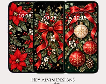 May include: Three smartphones displaying Christmas-themed digital wallpapers featuring red poinsettias, pine branches, red ribbons, and hanging ornaments. Each screen shows the date Sun, Dez 14 and the time 10:15. Text below reads HEY ALVIN DESIGNS.
