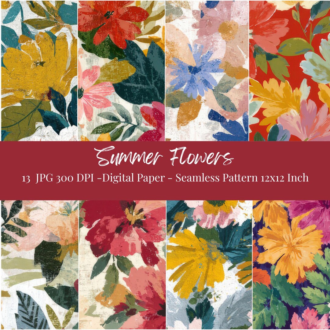 Summer Flowers Digital Paper Pack, Abstract Floral Seamless Pattern for ...