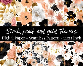 Paquete de papel digital con estampado sin costuras de flores doradas y melocotón negro