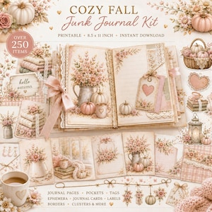 May include: A printable junk journal kit featuring fall-themed ephemera, including journal pages, tags, and pockets. The design showcases soft pink and cream tones with illustrations of pumpkins, floral arrangements, lace, and hearts. Text reads COZY FALL Junk Journal Kit, 8.5 x 11 INCH, and OVER 250 ITEMS.