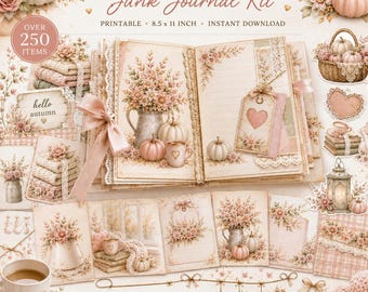 May include: A printable junk journal kit featuring fall-themed ephemera, including journal pages, tags, and pockets. The design showcases soft pink and cream tones with illustrations of pumpkins, floral arrangements, lace, and hearts. Text reads COZY FALL Junk Journal Kit, 8.5 x 11 INCH, and OVER 250 ITEMS.