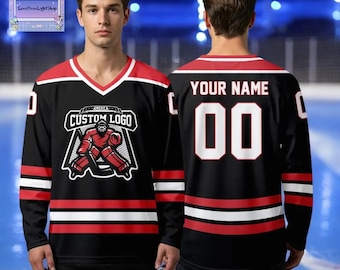 Custom ice hockey jersey sweatshirt with personalized name and number. Men, women, youth sizes, perfect fan gift.