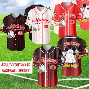 Custom Ghost Mickey Baseball Jersey, Disney Halloween Pinstripe Shirt, Personalized Spooky Team Uniform, Witch Cauldron Pumpkin Fan Gift