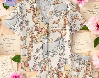 Pooh Tigger Eeyore Friend Unisex Satin Pajamas Set Winnie The Pooh Long Sleeve And Short Style Sleepwear Comfortable Family Pajamas