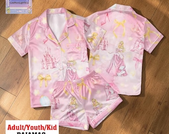 Sleeping Beauty Pajamas, Princess Aurora Pink Satin Sleepwear, Coquette Bow Castle Lounge Set, Disney Vacation PJs for Women Kids Adult