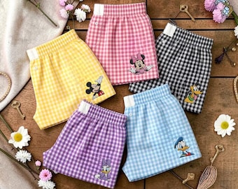 Disney Gingham Boxer Shorts, Mickey Minnie Daisy Donald Pluto Pajama Shorts, Cute Matching Family Pjs, Plaid Summer Sleepwear for Women Men