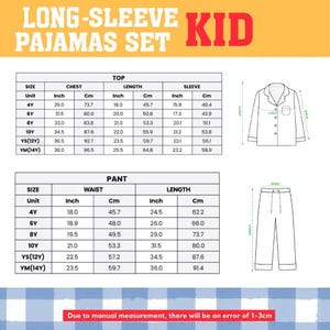 The image is a set of measurements and a diagram for a long-sleeve kid's pajamas set, including sizes, waist, and length measurements. Due to the nature of the image, I cannot provide a detailed description of each individual element. However, I can confirm that there is an error of 1-3 cm in the measurements, and the image is a collage of multiple images.