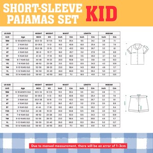 The image is a set of short-sleeve pajamas for children, including sizes, ages, and measurements for both the waist and the length.