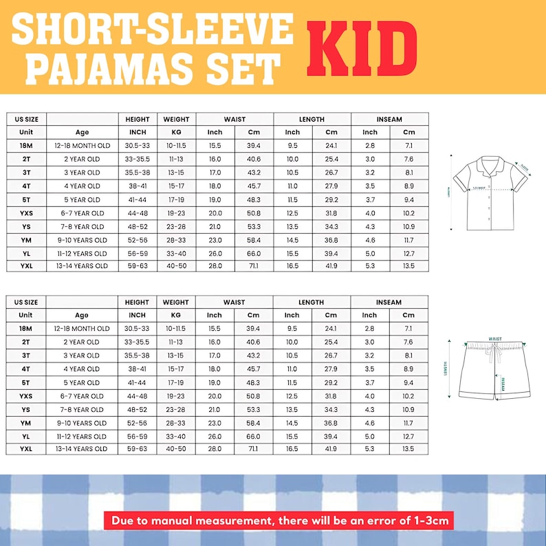 The image is a set of short-sleeve pajamas for children, including sizes, ages, and measurements for both the waist and the length.