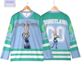 Personalized Judy Hopps Hockey Jersey, Custom Disney Zootopia Shirt. Anime-Style Jersey Outfit And Matching Team Wear.