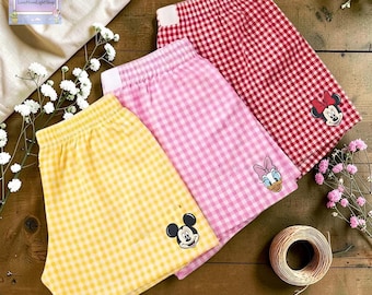 Embroidered Disney Gingham Shorts, Mickey Minnie Daisy Donald Pluto Checkered Pajama Bottoms, Cute Kawaii Sleepwear, Custom Disney Gift Her