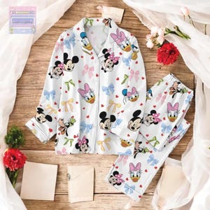 Mickey Friends Pajama Set, Minnie Bow Coquette Sleepwear, Disney World Women’s Pajamas Featuring Pluto, Daisy & Donald