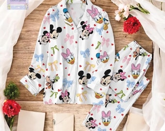 Mickey Friends Pajama Set, Minnie Bow Coquette Sleepwear, Disney World Women’s Pajamas Featuring Pluto, Daisy & Donald