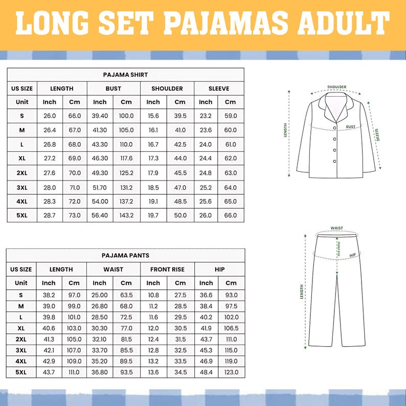 a detailed size chart for adult long set pajamas, including measurements for various sizes such as S, M, L, XL, XXL, and 3XL. The chart provides the length, bust, shoulder, and sleeve measurements for each size, as well as the waist and front rise measurements. The chart also includes a section for pajama pants, which are shown in a separate image. The chart is designed to help customers determine the appropriate size for their pajamas based on their measurements.