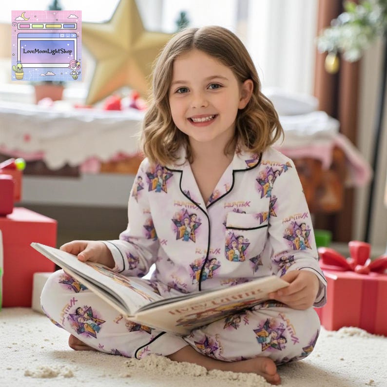 A young girl in a pajama set is sitting on the floor and reading a book, smiling at the camera.