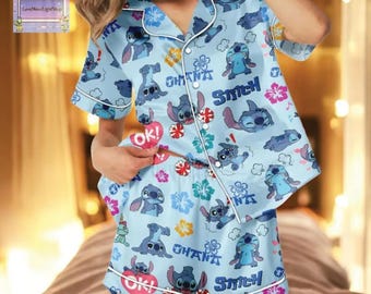 Stitch Pajama Set For Women, Cute Cartoon Short Sleeve Pajamas, Blue Summer PJ Shorts Set, Perfect Gift For Stitch Fans