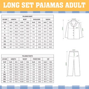 a detailed size chart for adult long set pajamas, including measurements for various sizes such as S, M, L, XL, XXL, and 3XL. The chart provides the length, bust, shoulder, and sleeve measurements for each size, as well as the waist and front rise measurements. The chart also includes a section for pajama pants, which are shown in a separate image. The chart is designed to help customers determine the appropriate size for their pajamas based on their measurements.