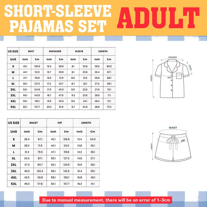 The image is a set of adult pajamas in different sizes, including US sizes ranging from S to XL. The sizes are indicated by the corresponding measurements, such as bust, shoulder, sleeve, and length. There is also a separate section for waist, hip, and length measurements. The image is a collage of multiple images, and there will be an error of 1-3 cm due to manual measurement.