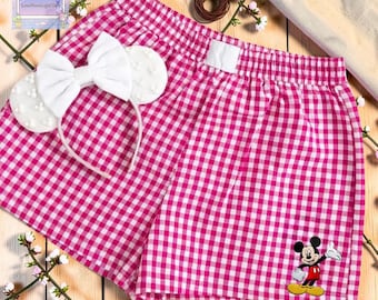 Mickey Minnie Mouse Gingham Shorts, Custom Embroidered Disney Character Pajamas for Women, Plaid Lounge Bottoms, Cute Disney Fan Gift