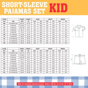 The image is a set of short-sleeve pajamas for children, including sizes, ages, and measurements for both the waist and the length.