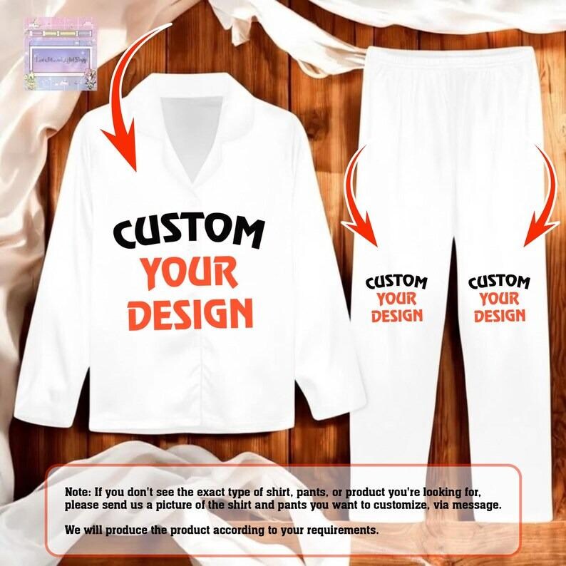 a white shirt and pants with the text "CUSTOM YOUR DESIGN" printed on them. The shirt and pants are displayed on a wooden background, and there are arrows pointing to the shirt and pants, indicating that they are customizable.