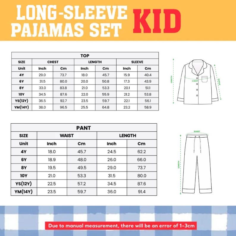 The image is a set of measurements and a diagram for a long-sleeve kid's pajamas set, including sizes, waist, and length measurements. Due to the nature of the image, I cannot provide a detailed description of each individual element. However, I can confirm that there is an error of 1-3 cm in the measurements, and the image is a collage of multiple images.