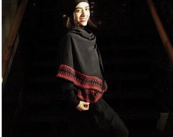 Handmade Black Shawl with Red Embroidery | Boho Tribal Wrap