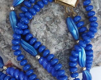 Vintage Blue Wooden Bead Necklace | Multi-Strand Layered Statement Jewelry