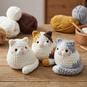Può includere: Tre piccole statuette di gatto all'uncinetto, dalla consistenza morbida, sono posizionate su una superficie in legno. Un gatto è bianco, uno è bianco con macchie marroni e dorate, e uno è bianco con macchie grigie. Hanno occhi a perla neri.