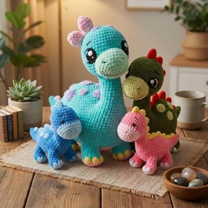 May include: A collection of four crocheted dinosaur plush toys in various sizes and colors. The largest is teal with purple spots and a pink bow, accompanied by a medium olive green dinosaur, a small blue dinosaur, and a small pink dinosaur.