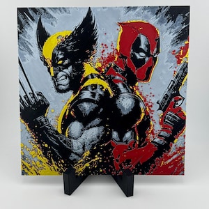 May include: A square artwork featuring Wolverine and Deadpool. Wolverine is in yellow and black, with claws extended. Deadpool is in a red and black suit, holding a gun. The background is grey with yellow and red splatter.