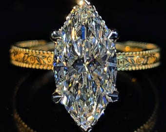 Anello di fidanzamento con moissanite taglio marquise da 4 carati, anello di proposta vintage Art Déco in oro massiccio, anello nuziale unico per lei, regalo di anniversario