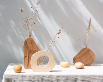 Wall Vase Set - Geometric vase - Oak wood vase set - Dry flower vase - Modern Bud Vase - Minimalist vase - Hanging vase - Wavy vase