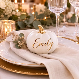 May include: A white decorative pumpkin with a metallic gold stem and the name Emily written in gold script lettering. The pumpkin is placed on a white napkin atop a white dinner plate with a gold rim, accented by a small sprig of dried greenery.