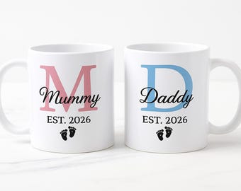 Personalized Mummy and Daddy Est. Mug Set | Pregnancy Announcement Gift
