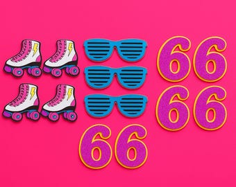 Retro 80s Cupcake Toppers – Roller Skates, Sunglasses & Glitter Numbers