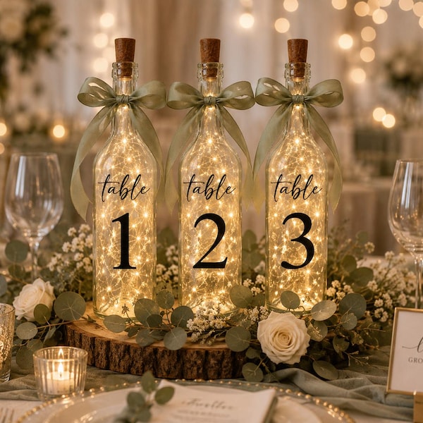 Beleuchtete Tischnummernflaschen für Hochzeiten – Individuelle Band- und Schriftfarben