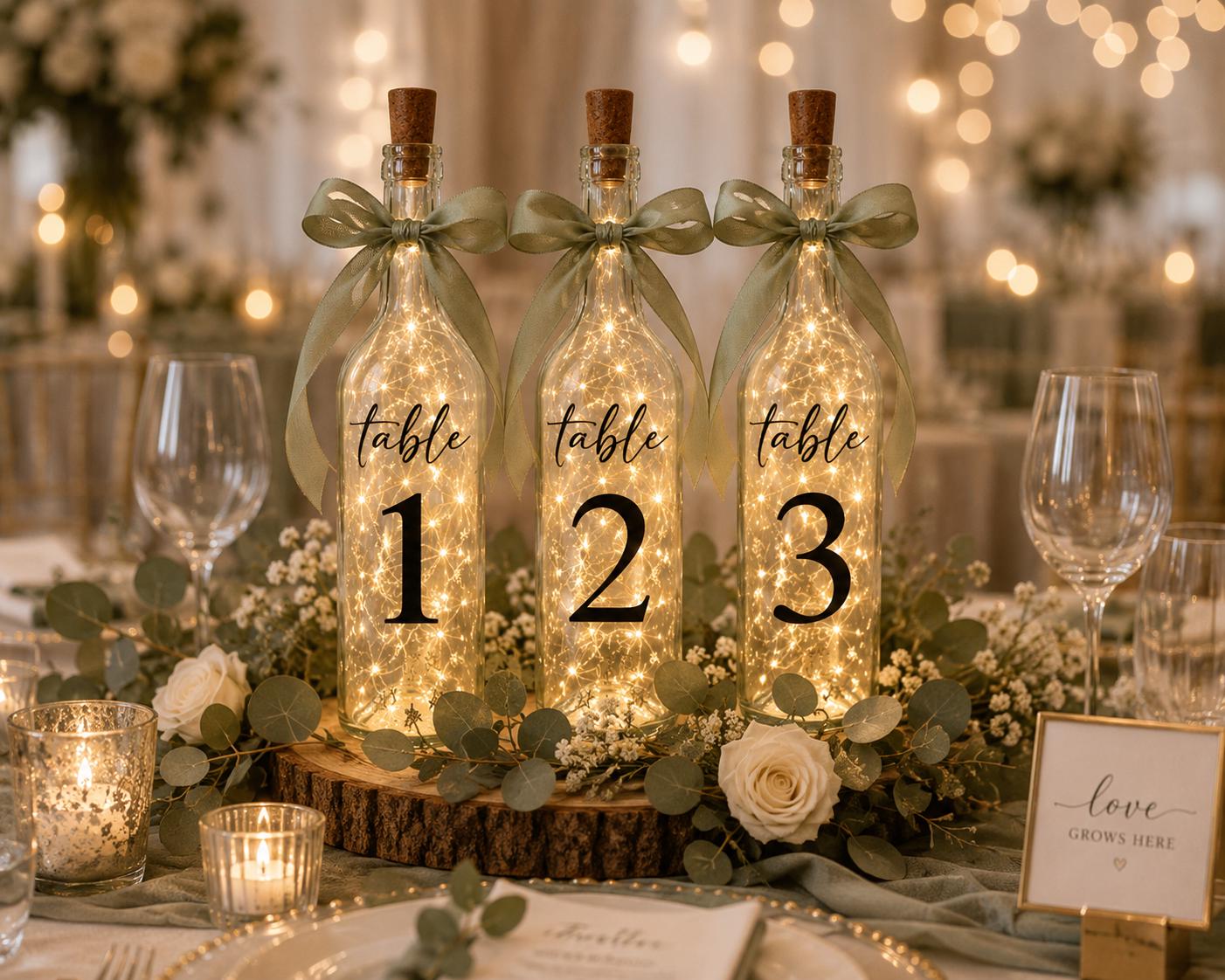 Illuminated Wedding Table Number Bottles