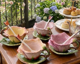 Handmade Rose Teacup and Saucer Set, Butterfly Spoon, Shabby Chic Porcelain